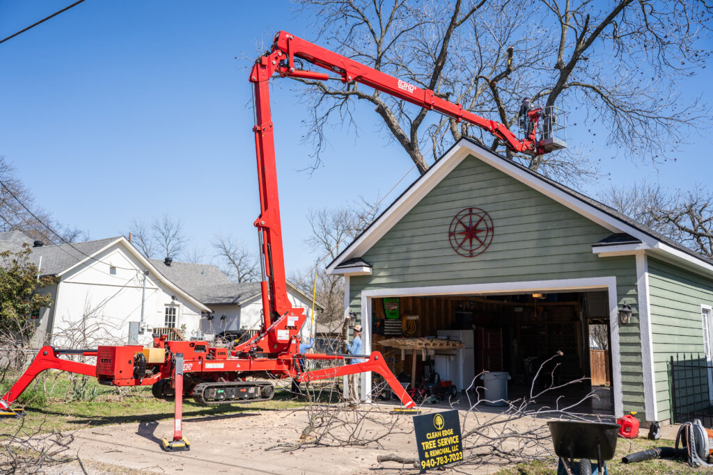 Using arbor lift to reach dead tree over garage